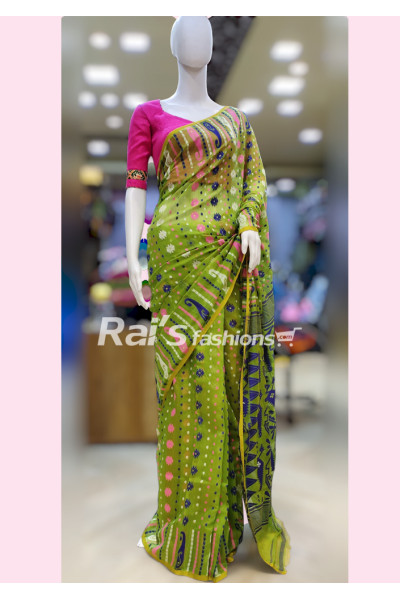 Parrot Green Color Reshom Soft Dhakai Jamdani Saree With Allover Contrast Color Butta Work (NDR6)